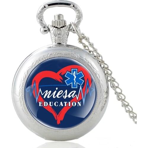 Silver Emergency Medical Technician Design Glass Cabochon Vintage Quartz Pocket Watch Men Women EMT Pendant Necklace Hours Clock