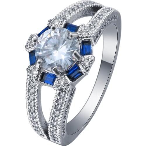 UFOORO chinese tradional gossip Rings silver color jewelry band classic hollow royal blue rectangle cubic zircon women Ring