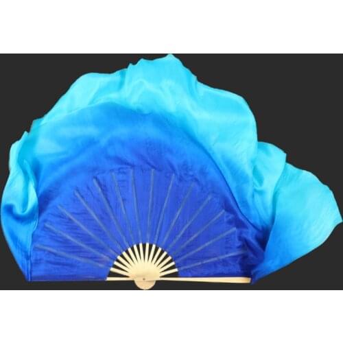 Blue Gradient Real Silk Fan Veils 100% Silk Belly Dance Yangko Dance Fan Folk Art Performance Schools Activities Bamboo Ribs