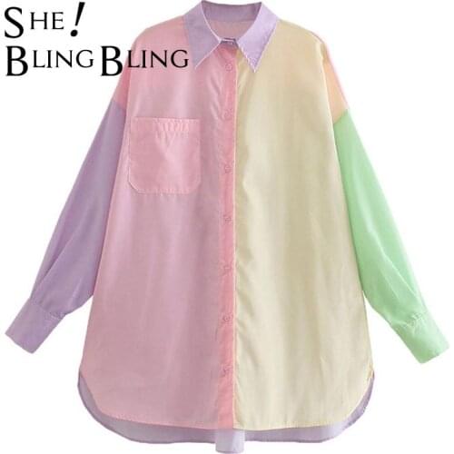 SheBlingBling Green Pink Hit Color Patchwork Chic Loose Shirts Summer Drop Shoulder Long Sleeve High Low Hem Women Casual Blouse