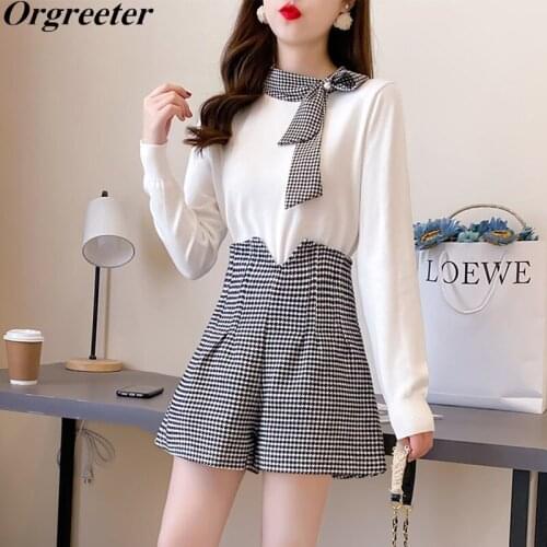 Korean Fashion Plaid Stitching Two piece set Women Bow Tie Collar Sweater +High waist Houndstooth Shorts Suits 2 Piece Pants Set