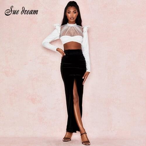 2021 New Spring Women 2 Piece Two-Piece Set White Long Sleeve O-Neck Mesh Beaded Short Top & Black Velvet Split Skirt Party Sets