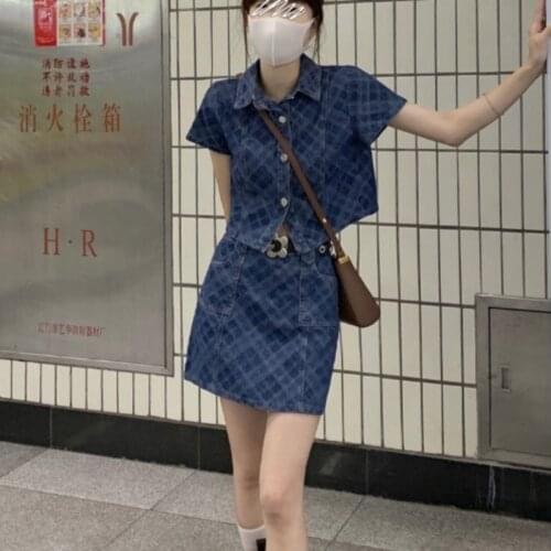 2021 Summer Womens Dress Suit Stylish Short Sleeve Turn-down Collar Plaid Denim Jeans Top Jacket Coat+High Waist Mini Skirts