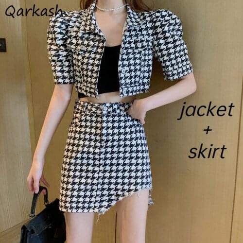Sets Women Slim Chic Causal Skirt Summer High Waist Harajuku Office Ladies Plaid Retro Crops Outerwear Jackets Sexy Ins BF Style