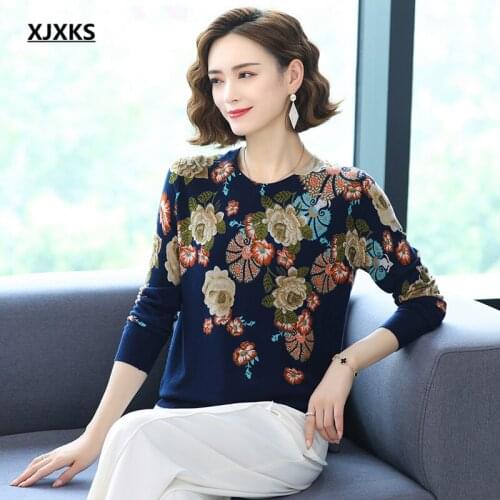 XJXKS High-end women printed sweater 2021 autumn winter new comfortable casual round neck long-sleeved pullover women sweater