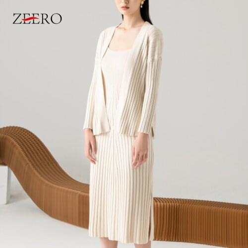 Autumn Winter Knitting Two Piece Sets Women Solid Color Stripes Long Sleeve Cardigan Coat Top + Square Collar Split Vest Dresses