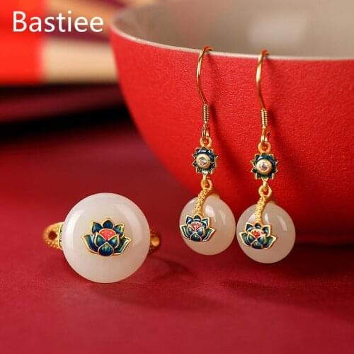 Bastiee Chinese Style Lotus Flower 925 Sterling Silver Jade Jewelry Sets For Women Rings Drop Earrings Luxury Gifts Cloisonne