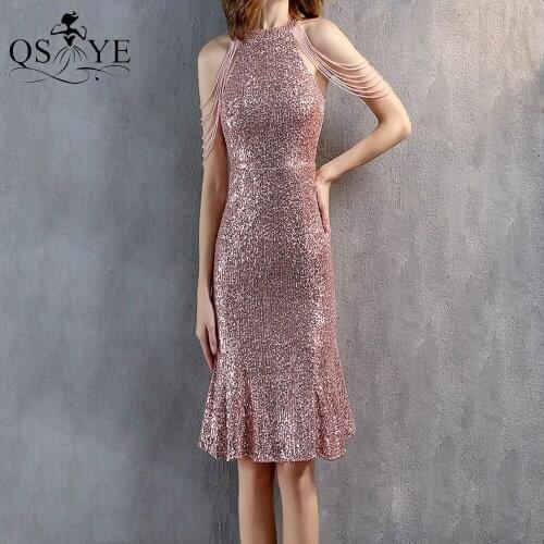 Pink Short Prom Dresses Sequin Halter Neck Evening Gown Beading Party Formal Gown Fit Stretch Mermaid Women Short Pink Dress