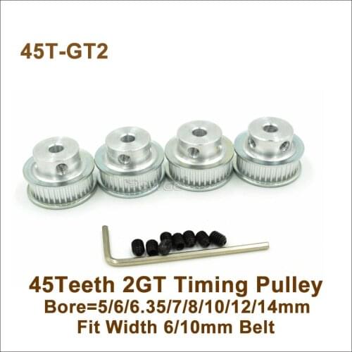 POWGE 45 Teeth 2GT Timing Pulley Bore 5/6/6.35/7/8/10/12/14mm Fit W=6/10mm 2GT Synchronous Belt 45T 45Teeth GT2 Pulley