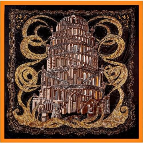 130cm Dark Castle 100% Twill Silk Scarves Luxury Square Scarf Women Brand Hijab Scarf Shawl Design Bandana Foulard Pashmina New