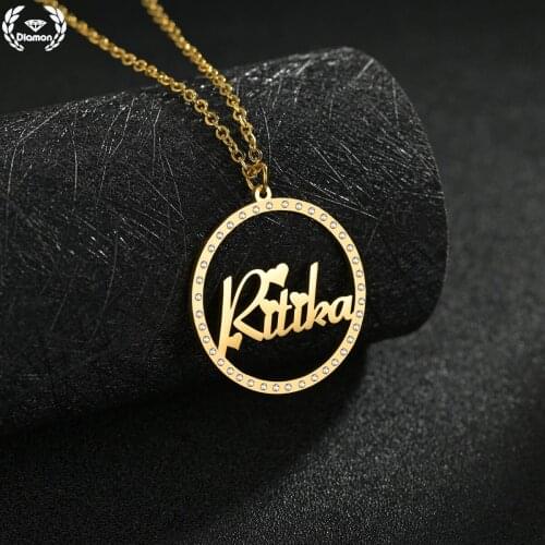 Diamon Fashion Stainless Steel Necklace for Women Circle Full Diamonds Customized Name Pendants Chain Nameplate Jewelry Gift