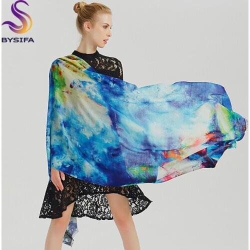 [BYSIFA] Winter Ladies Blue Wool Cashmere Scarves Pashmina Fashion Top Grade 100% Wool Women Long Scarf Shawl Warm Neck Scarves