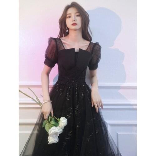 Black Elegant Retract Waist Formal Party Dress Sexy Lace Tulle Banquet Gown Square Neck Birthday Ball Gown Dress Robe De Soiree
