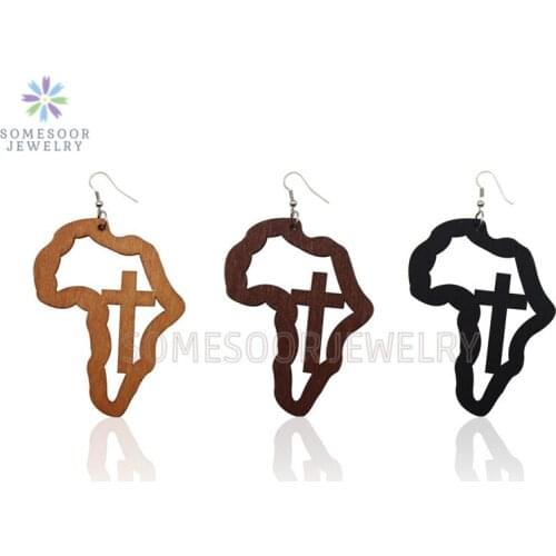 SOMESOOR Engraved Cross African Map Wooden Drop Earrings Christian Design Large Wood Ear Loops Dangle Jewelry For Women Gifts