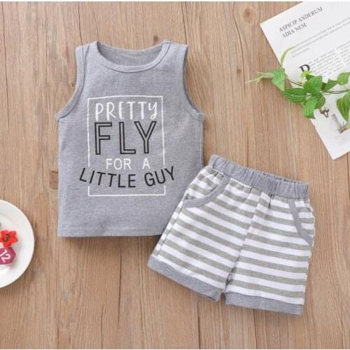Kids Baby Boys Fashion 2piece Outfit Set Sleeveless Letter Print Vest Tops Striped Shorts Set Summer Cotton Boys Clothes