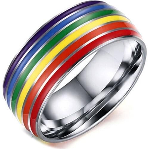 1PC Fashion Rainbow Gay Pride Ring Stainless Steel Women Men Promise Jewelry Size 7-12