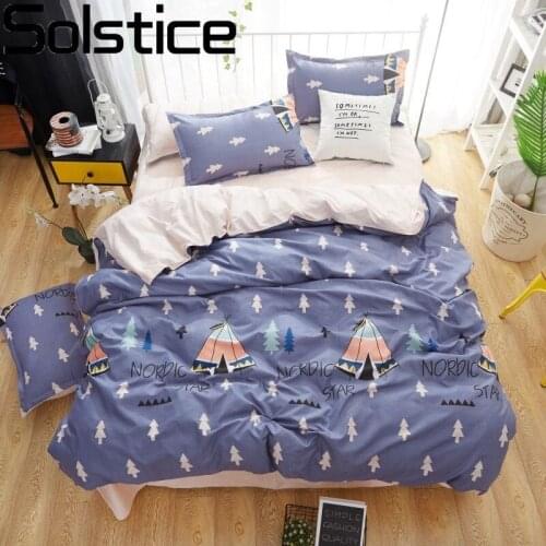 Solstice Home Textile Nordic Star Blue Bedding Sets Girl Child Bed Linen Double Single Duvet Cover Pillowcase Plaid Sheet 3-4Pcs