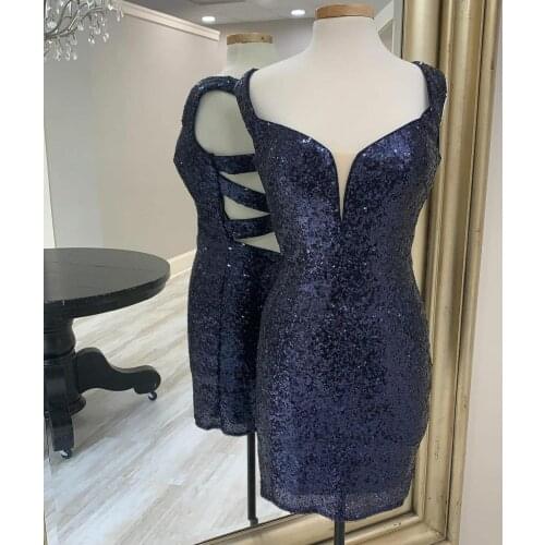 Short Bodycon V-Neck Sequin Navy Blue Homecoming Dresses Knee Length Criss Cross Back Graduation Dresses for Teens
