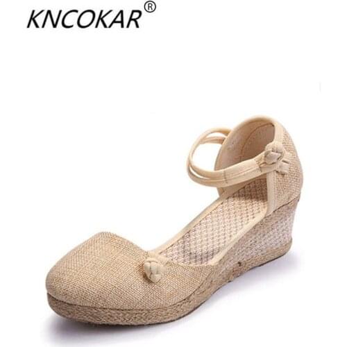 KNCOKAR 2018 Summer new style fashionable and comfortable slope and recreational hemp braid make up buckle female type sandal