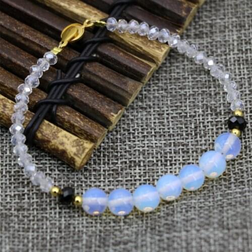 New fashion opal 8mm round beads strand beaded bracelets for women 3x4mm white glass crystal high quality jewelry 7.5inch B2908