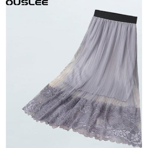 OUSLEE Summer New Lace Pleated Maxi Skirt Women Spring Elastic High Waist Long Skirts Female Fashion Elegant Mesh Falda Mujer XL