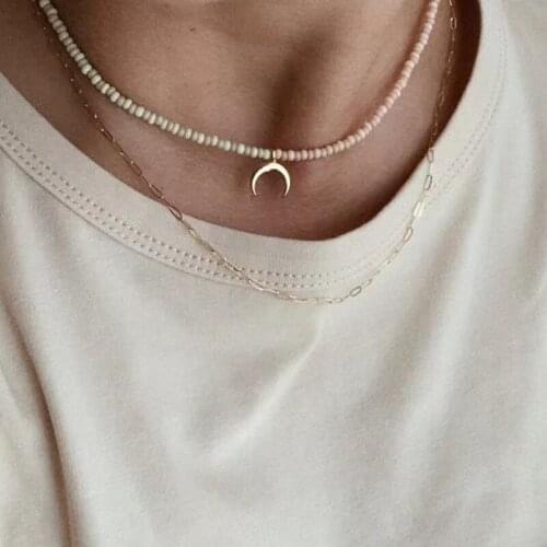 Bohemian Colorful Bead Necklace Gold-color Moon Pendant Jewelry For Women Fashion Rainbow Choker 2021 Summer Beach Accessories