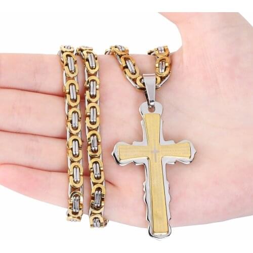 Stainless Steel Pendant Necklace Black Silver Tone Bible Cross Strong Long Thick Link Byzantine Chain Gift for Men Jewelry