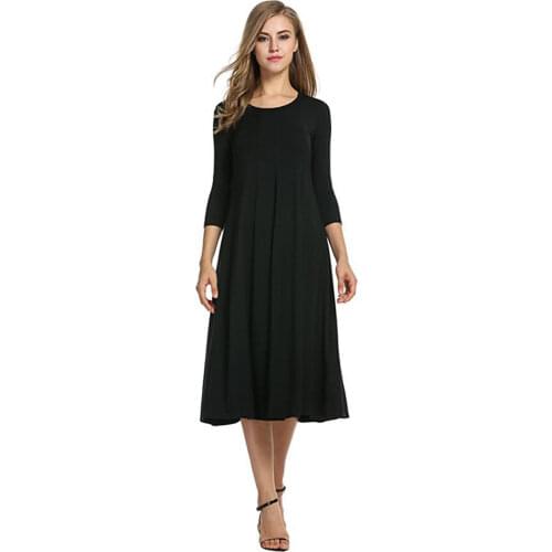 2021 Spring Women Mid Sleeve Long Dress Crew Neck Solid Color Big Hem Plus Size Dresses One Piece Suit Female Casual Wear