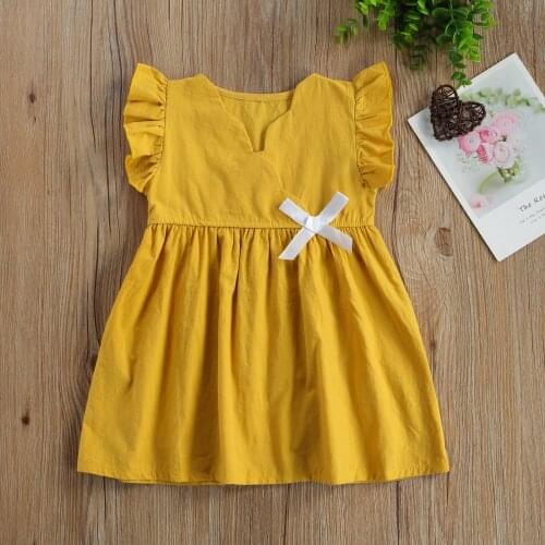 2021 Girls Casual Princess Dress Yellow V-neck Fly Sleeves Bow Knot Pattern Short