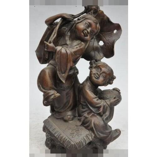 S00194 11" old China myth Bronze Two Wo Hop Erxian God immortal Lotus Leaf lucky Statue