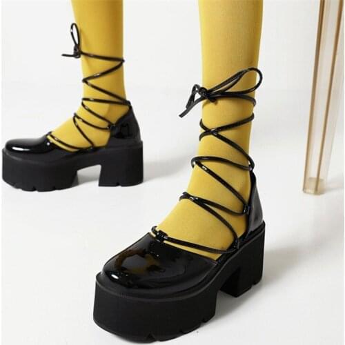 PXELENA Plus Size 34-43 Punk Rock Gothic Cross tied Gladiator Sandals Women Patent Leather Chunky Platform High Heels Rome Shoes