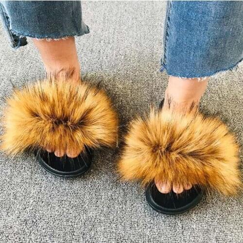 New Women Furry Faux Fur Slides Ladies Imitation Fur Fluffy Beach Flip Flops Natural Plush Mixed Colors Faux Fur Flat Slippers