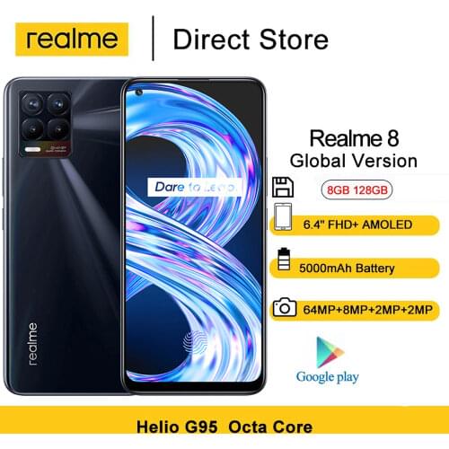 Realme 8 Smartphones NFC 6.4'' FHD+ AMOLED Helio G95 Octa Core 5000mAh 64MP Quad Cameras 6GB RAM 128GB ROM Android 11 Cellphones