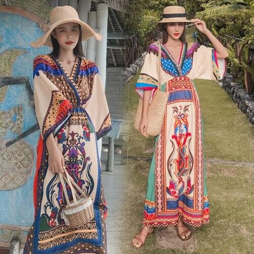 Thai Ethnic Style Bohemian Print Dress Seaside Beach Vacation Travel Photo Feature Personalized Long Skirt Summer Dress Women