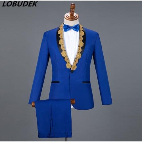 Blue Formal Mens Suits 4 Colors Embroidery Blazers Set Singer Host Concert Stage Outfits Chorus Clothing Wedding Party Dresses