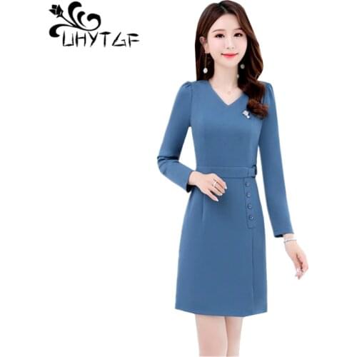 UHYTGF Women spring dresses long sleeve temperament bandage dress women fashion V-neck pullover mini dress plus size vestido 889