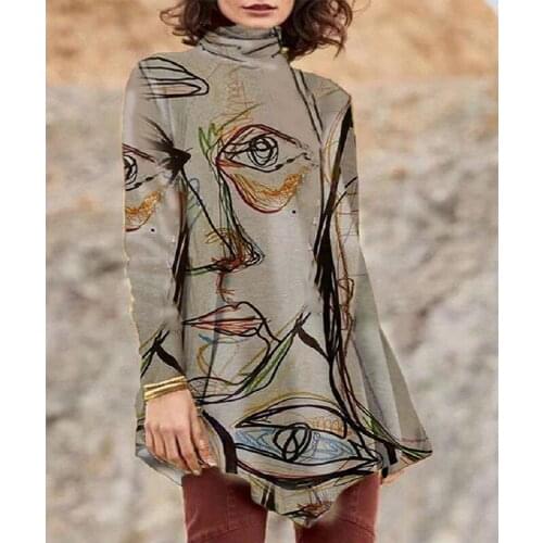 2021 Autumn and Spring Womens Abstract Face Print Irregular Hem Loose Turtleneck Long-Sleeved T-Shirt Women Clothing