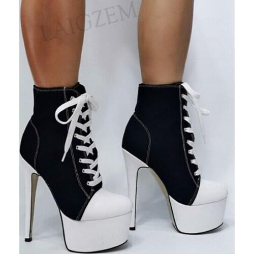 SEIIHEM Women Ankle Platform Boots Round Toe Thin High Heels Booties Zapatos Mujer Pathwork Shoes Woman Large Size 41 42 44 52