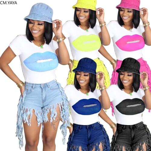 CM.YAYA women summer lips t-shirt & tassel cut zipper fly jeans shorts two piece set fashion tracksuit matching set outfits