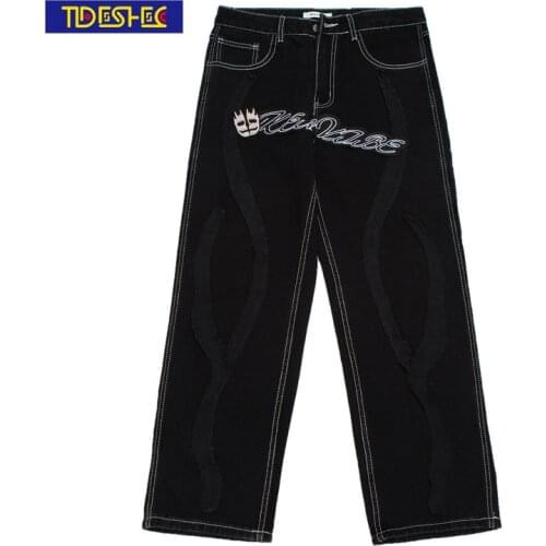 2021 casual pants mens Retro skull letter embroidery pants Gothic jeans fashion loose straight wide leg pants mens jeans