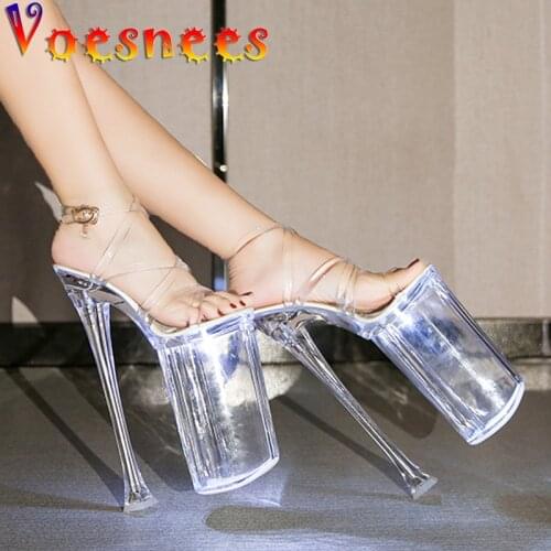Voesnees 2021 New Glowing Crystal Sandals Women Summer Shoes Transparent Platform High Heels 26cm Thin Heels Model Catwalk Shoes