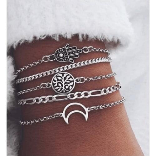 Bracelet Anklet sets 5pcs/set Hand Tree Leaf Moon charm metal chain silver color plated Figaro O chain fashion Women Gift