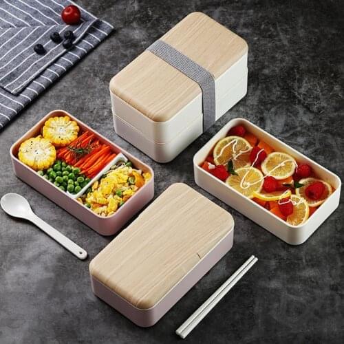 Double Layer Wood Grain Lunch Box Multifunctional Microwave Plastic Lunch Storage Box