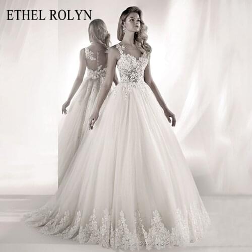 ETHEL ROLYN Sparkling A Line Wedding Dresses 2021 Vestido De Noiva Luxury Bride Beaded Appliques Sleeveless Tulle Bridal Gowns
