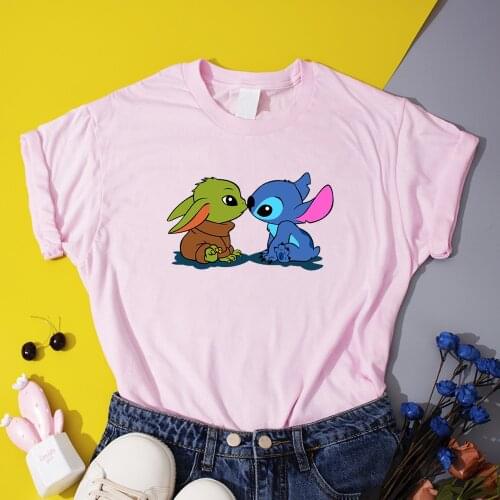 Disney Lilo & Stitch Women T-shirts Star wars Baby Yoda Printed T shirts 2021 Cotton Summer Tops Tees Female T shirt Streetwear