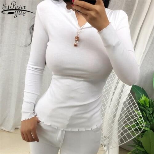 Autumn and Spring New Cotton Solid Color Classic Slim-Fit V-neck T-shirt 2021 Korean Clothes Long Sleeve Womens T-shirts 10709