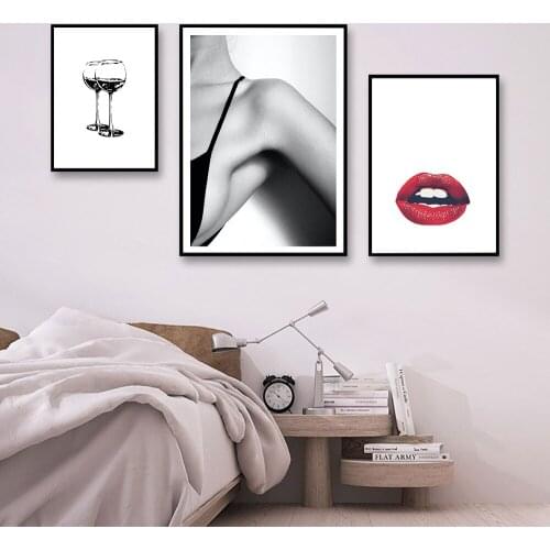 Art Canvas Painting Black White Fashion Modern Pictures Girls Lip Wine Glasses Print Poster Picture Wall Living Room Home Decor