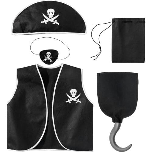 TiaoBug Kids Boys Halloween Anime Cosplay Dress Up Children Pirate Costume Black Vest with Eyeshade Hat Pirate Hook and Bag Set