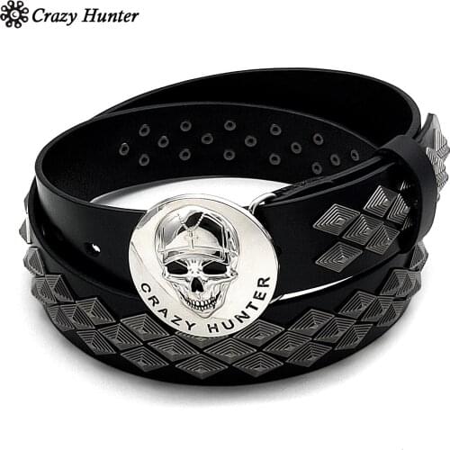 Skull Buckle Punk Biker Genuine Cow Leather Belt Men Studded Rock Male Waist Strap