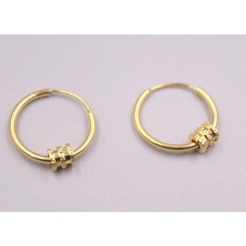 Real 18K Yellow Gold Earrings 14x4mm Bead Round Ear Hoop About 1.35g For Woman